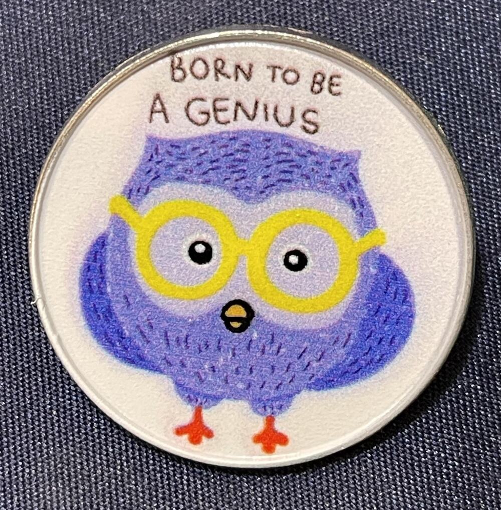 NWOT Purple Owl Lapel Pin Brooch Resin Born To Be A Genius Bird Nature Pin